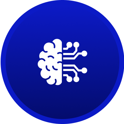 Brain and circuit icon on blue background.